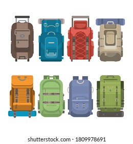 Tourist backpack set. Isolated camping hiking back pack bag design icon. Cartoon scout tourist and military backpack baggage collection. Backpacking travel expedition adventure vector illustration