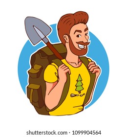 Tourist with a backpack, shovel. A happy climber looks at viewer and smiles. A young man goes on a hike. Boy inspired by an adventure. Vector cartoon funny illustration isolated on white background.