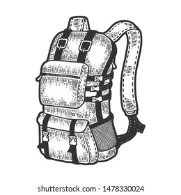 Tourist backpack sketch engraving vector illustration. Scratch board style imitation. Black and white hand drawn image.