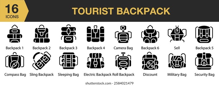 Tourist Backpack solid icon set. Includes tourist, travel, backpack, journey, backpacker, and More. Solid icons vector collection.