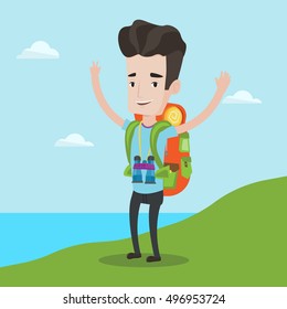 Tourist with backpack standing on the cliff and celebrating success. Happy backpacker with raised hands enjoying the scenery. Man hiking in mountains. Vector flat design illustration. Square layout.