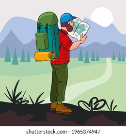 Tourist with backpack standing on pathway, hiker hike travel. Viewing on map, feeling freedom, discovery, exploration, adventure. Vector illustration cartoon line art. Vector illustration