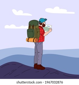 Tourist with backpack standing on pathway, hiker hike travel. Viewing on map, feeling freedom, discovery, exploration, adventure. Vector illustration cartoon line art. Vector illustration