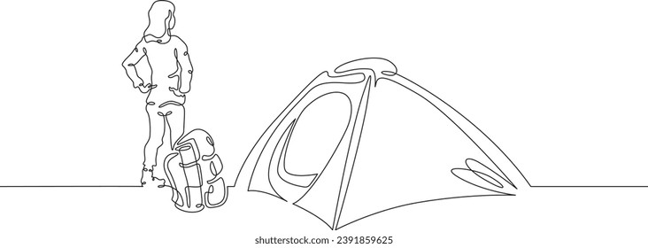 A tourist with a backpack stands in a tent. Tourist tent. Camping. A traveler gets ready to go on a journey. Halt on the hike. One continuous line drawing.Linear. Hand drawn,white background. One line
