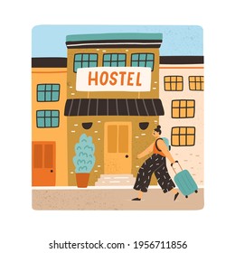 Tourist with backpack and suitcase going to hostel entry. Hotel building for night accommodation. Colored flat vector illustration of young woman with luggage walking to house entrance