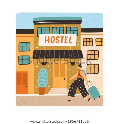 Tourist with backpack and suitcase going to hostel entry. Hotel building for night accommodation. Colored flat vector illustration of young woman with luggage walking to house entrance