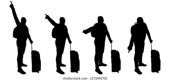 Tourist with a backpack and a suitcase on wheels. A young guy in a cap stands sideways and points his hand up, to the sides, indicating the direction with his finger. Four black silhouettes isolated
