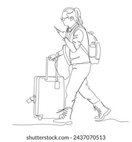 Tourist with backpack and suitcase using phone on the go. Man in glasses walking. Side view. Continuous line drawing. Black and white vector illustration in line art style.