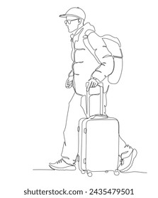 Tourist with backpack and suitcase walking. Man wear warm jacket and cap. Side view. Continuous line drawing. Black and white vector illustration in line art style.