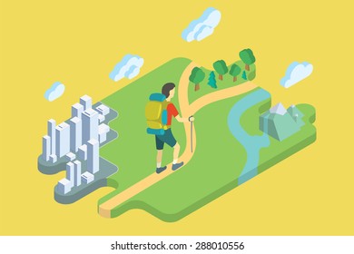 Tourist With Backpack Summer Vacation. Flat Isometric Art. Travel Vector Illustration.