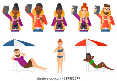 Tourist with backpack taking selfie with cellphone. Happy tourist taking selfie. Traveling man using smartphone to make a selfie. Set of vector flat design illustrations isolated on white background.