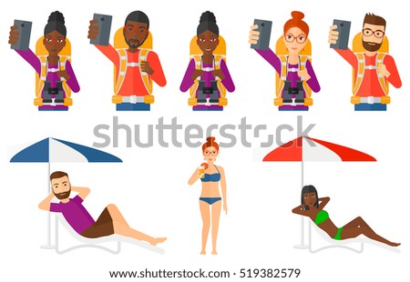 Tourist with backpack taking selfie with cellphone. Happy tourist taking selfie. Traveling man using smartphone to make a selfie. Set of vector flat design illustrations isolated on white background.