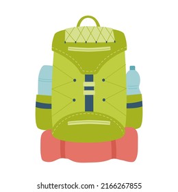 Tourist backpack with thermos, bottle and travel mat. Equipment for fishing, tourism, travel, camping, hiking. Flat vector illustration isolated on a white background.