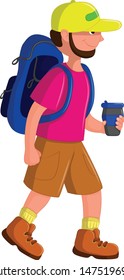 
tourist with a backpack and a thermos in his hand. vector and illustration
