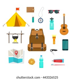 Tourist backpack with things to travel with isolated vector illustration, items collection for camping, hiking and recreation activity, things for tourism, tourist tent, map, compass, equipment