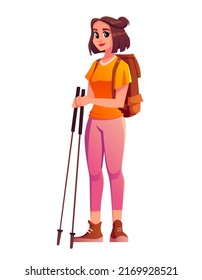 Tourist with backpack and trekking poles isolated on a white background. Young woman in tourist clothes is engaged in hiking, backpacking trip. Vector cartoon character illustration.