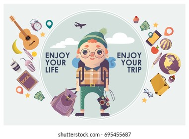 Tourist with backpack Vector card. 