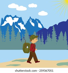 Tourist with backpack vector illustration.
