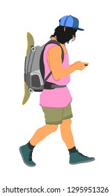 Tourist with backpack vector illustration isolated on white background. Male passenger with skateboard walking. Camping man traveling. Boy sending message on mobile phone. Summer time activity. 