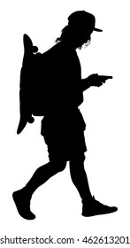 Tourist with backpack vector silhouette illustration isolated on white background. Male passenger with skateboard walking. Camping man traveling. Boy sending message on mobile phone.