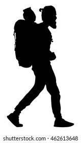 Tourist with backpack vector silhouette illustration isolated on background. Hipster passenger walking. Camping man traveling. Boy hiking. Traveler around the world. Collage boy, student walking.
