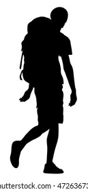 Tourist with backpack vector silhouette illustration isolated on white background. Male passenger walking. Camping man traveling. Boy hiking. Traveler around the world. Collage boy, student walking.