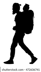 Tourist with backpack vector silhouette illustration isolated on background. Hipster passenger walking. Camping man traveling. Boy hiking. Traveler around the world. Collage boy, student walking.