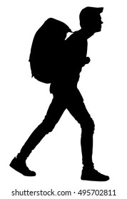 Tourist with backpack vector silhouette illustration isolated on white background. Male passenger walking. Camping man traveling. Boy hiking. Traveler around the world. Collage boy, student walking.
