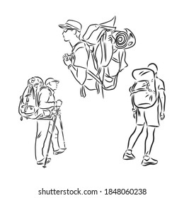 tourist with a backpack vector sketch illustration. Sketch of man with backpack on top of mountain Hand drawn vector illustration