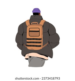 Tourist with backpack walking back view. People wearing urban oversize outfit. Young black man in bright hat, beanie with bag. Modern winter look. Flat isolated vector illustration on white background