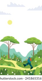 A tourist with a backpack walking in the green forest in springtime. Tall trees and thick bushes, white spring flowers on grass. Flat cartoon design, vector illustration.