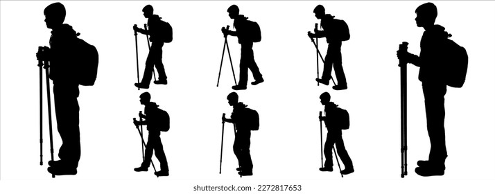 Tourist with a backpack and walking stick. The guy walks with sticks for walking. The boy is standing, the boy is walking. Side view, profile. Black color silhouette isolated on white background