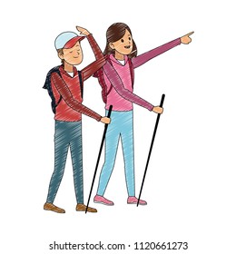 Tourist with backpack and walking sticks scribble
