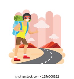 Tourist with a backpack walks against mountains and forest. Vector illustration for a poster, greeting card or banner.