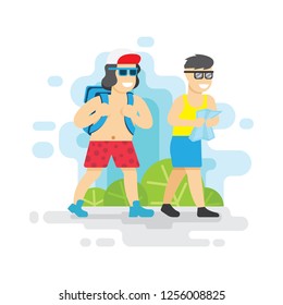 Tourist with a backpack walks against mountains and forest. Vector illustration for a poster, greeting card or banner.