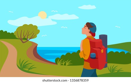 tourist with a backpack walks along the shore of the lake, sea, ocean, river and enjoys the sun