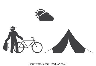 tourist backpacker with bicycle and backpack bag near tent camp house icon