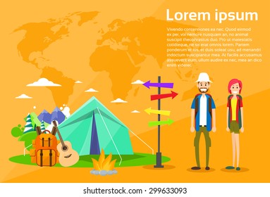Tourist Backpacker Couple Tent Camping Forest Mountain Expedition Flat Vector Illustration