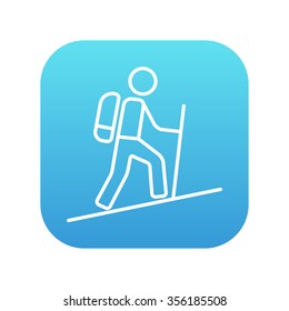 Tourist backpacker line icon for web, mobile and infographics. Vector white icon on the blue gradient square with rounded corners isolated on white background.