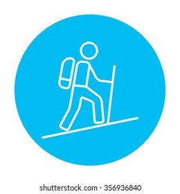 Tourist backpacker line icon for web, mobile and infographics. Vector white icon on the light blue circle isolated on white background.