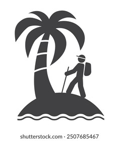 Mochilero turístico en el icono de viaje de la isla tropical de palmeras