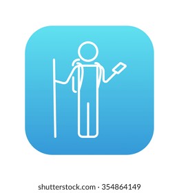Tourist backpacker with phone line icon for web, mobile and infographics. Vector white icon on the blue gradient square with rounded corners isolated on white background.