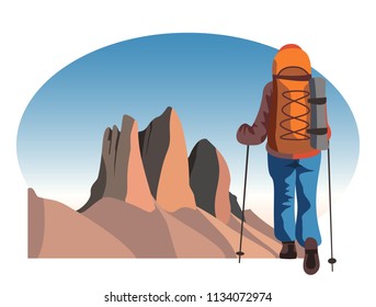 Tourist backpacker traveling through the mountains. Hiking and trekking vector illustration