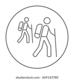Tourist backpackers line icon.