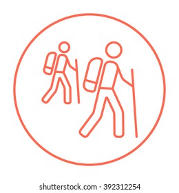 Tourist backpackers line icon.