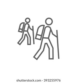 Tourist backpackers line icon.