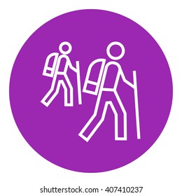 Tourist backpackers line icon.