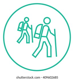 Tourist backpackers line icon.