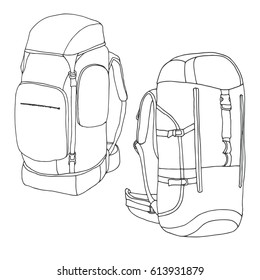 Tourist backpacks isolated on white background.  Hand drawn vector illustration of a sketch style.