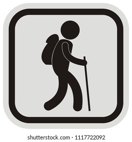 Tourist with bag and stick, black and gray frame, vector icon